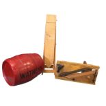 A wood slicing machine with guillotine style blade; a childs folding toy ironing board; and a