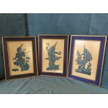 A set of three eastern embossed dancers/musician prints, the blue stained figures relief moulded and