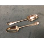 A pair of Georgian Irish silver spoons - Dublin, 1786, ST & JS, 139g. (8.5in) (2)
