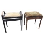 An ebonised piano stool with hinged cushion seat flanked by arched handles, the sheet music box