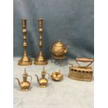 Miscellaneous brass including a pair of tall weighted candlesticks, an iron, a kettle, a pair of