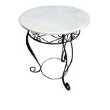 A circular marble top occasional table on scrolled wrought iron base. (24in x 30in)