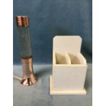 A 60s lava lamp with flared copper base; and a painted wood twin-division box. (2)