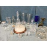 Miscellaneous glass including decanters & stoppers, vases, jelly moulds, a tankard with enamelled