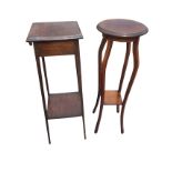 A circular mahogany jardiniere stand with moulded top on rectangular tapering legs joined by