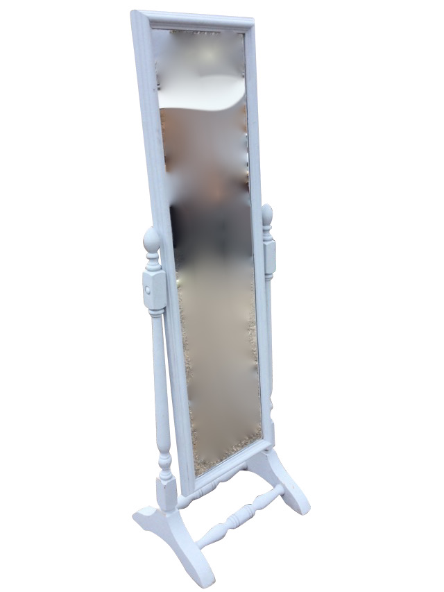A rectangular painted cheval mirror, the moulded frame on turned columns with oval finials, raised