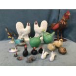 A bird collection including a pair of Victorian Staffordshire flatback hens, a pair of stoneware