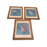 A set of three hand-sewn woolwork tapestry panels - an owl, a squirrel and a pheasant, all in ribbed