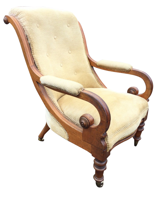 A Victorian mahogany armchair with button upholstered back in moulded frame, the arms with padded
