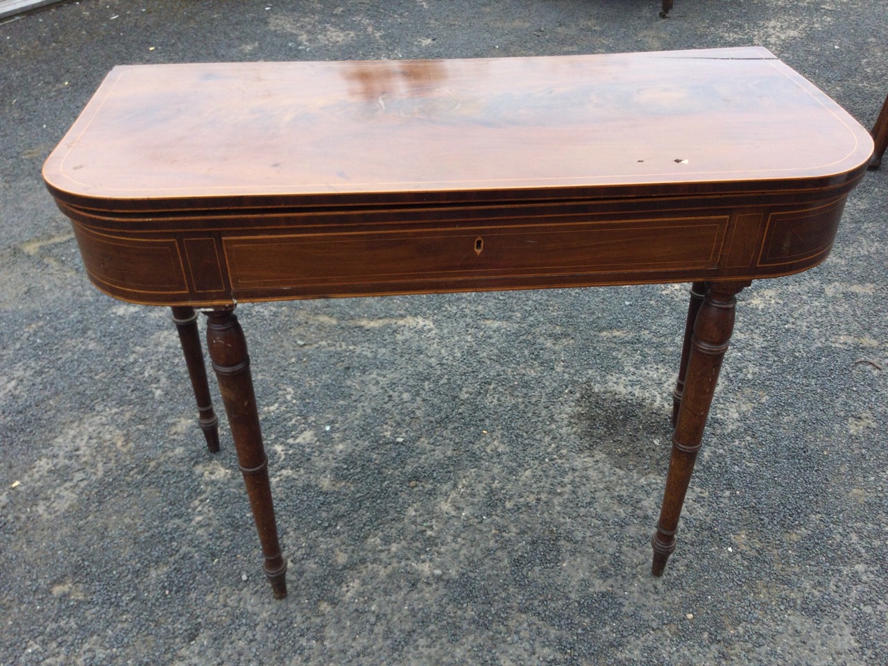 A nineteenth century mahogany turn-over-top tea table inlaid with boxwood stringing, the rounded - Image 3 of 3