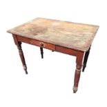 A rectangular Victorian pine table with knobbed frieze drawer, raised on turned legs. (36.5in x 24.