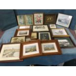 A box of miscellaneous framed prints, some nineteenth century, a set of three signed & numbered