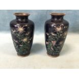 A pair of cloisonné vases decorated with flowers & foliage on black ground with waisted necks and