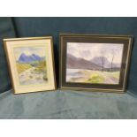 Jean M Pinkney, watercolour, loch landscape with road by water, titled to verso By Loch Leven,