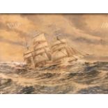 DW Underwood, watercolour & bodycolour, three masted sailing ship in choppy seas, signed &