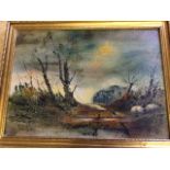 Nancie Foster, oil on canvas, landscape with trees and two sheep, signed and gilt framed. (21.5in