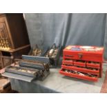 A heavy duty tool box with drawers containing a quantity of spanners, sockets sets, chisels,