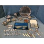 Miscellaneous silver plate including cased servers, a four-piece teaset, a coaster, a Viners