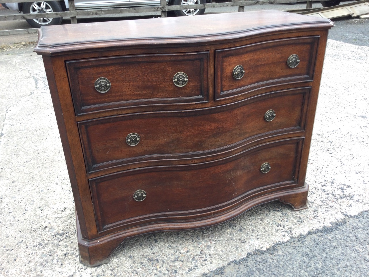 A Georgian style serpentine shaped chest by Willis & Gambier, the canted crossbanded top above two - Image 2 of 3