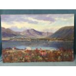 Donald Shearer, oil on canvas, Scottish loch landscape with steamer on water, signed, unframed. (