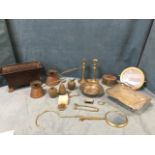 Miscellaneous copper & brass including a pair of early slender candlesticks, a rectangular trough on