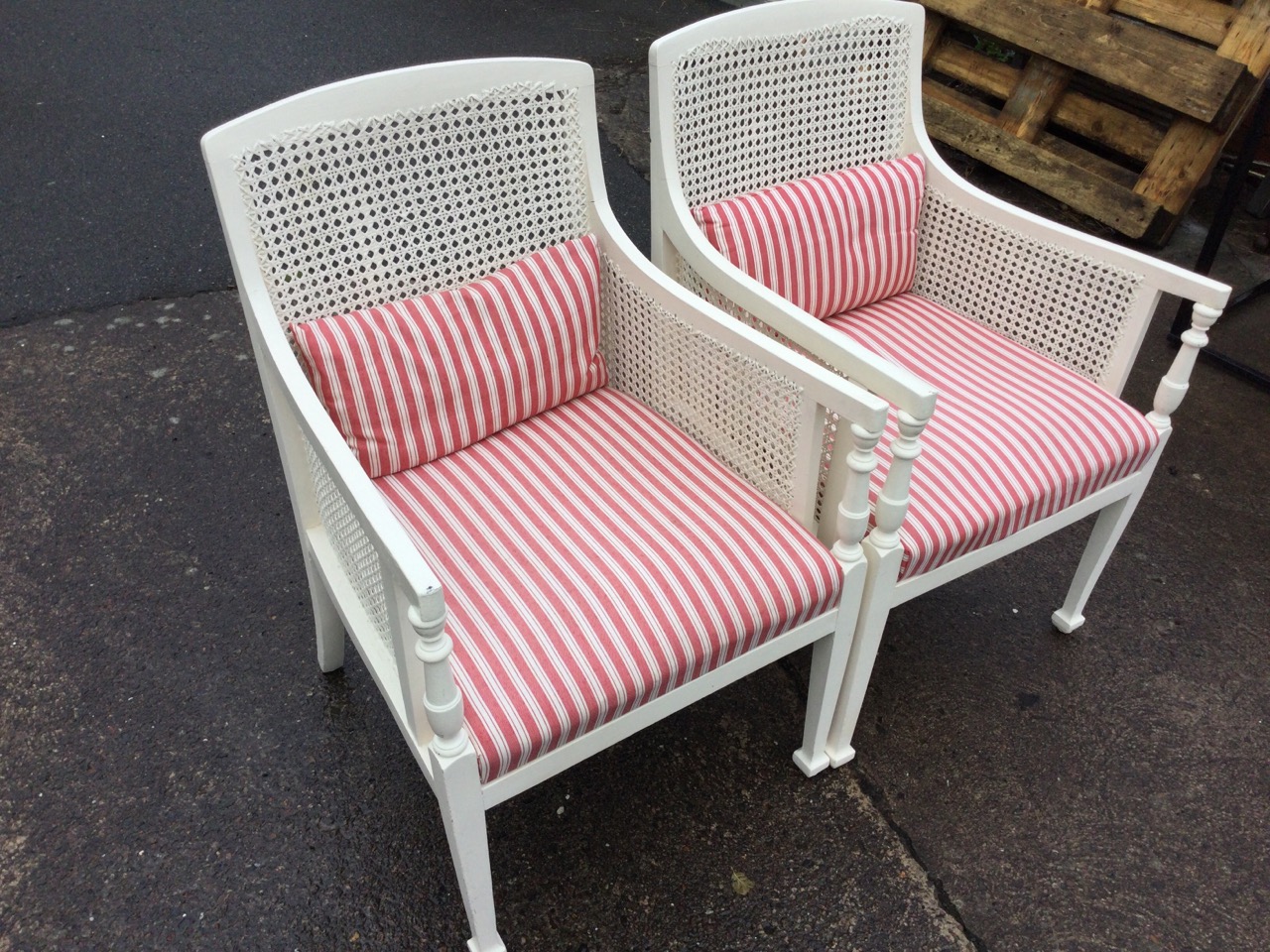 A pair of painted bergere armchairs with cane backs and sides, the downswept arms on baluster turned - Image 3 of 3