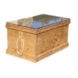 A Victorian pine blanket box with fitted plate glass to top, the cleated lid above a dovetailed