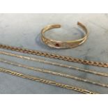 A 9ct gold chain bracelet with flat links; a gold bangle with pierced scrolled decoration to panel