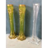 A pair of tall Victorian hexagonal European vaseline glass vases enamelled with foliate scrolled