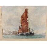 Peter Knox, watercolour, sailboat on river, signed and titled Barge Entering the River, mounted &