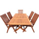 A May Fair teak garden table & chair set, the folding chairs with slatted backs and seats, the