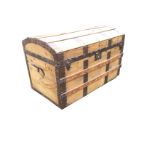 A domed top seamans chest, the slatted box with iron mounts and brass studding having carrying