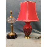 A Victorian oil lamp converted to electricity with cut glass reservoir on fluted brass column; a