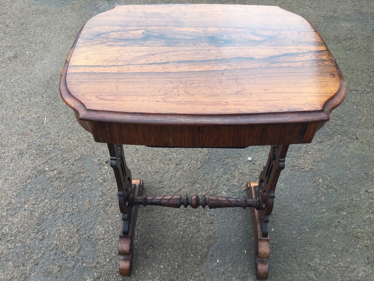 A Victorian rosewood sewing table, the shaped moulded top having frieze drawer with fitted well, - Image 2 of 3