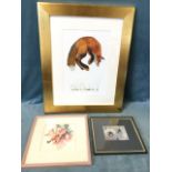 Mary Ann Rogers, watercolour, pair of rams by wall, signed, mounted & framed; a watercolour of roses