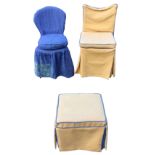 An yellow quilted upholstered cracket stool and chair with cushion seats and blue piping; and a