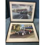 A pair of 1960s prints after Michael Turner depicting Graham Hill and Stirling Moss racing, the