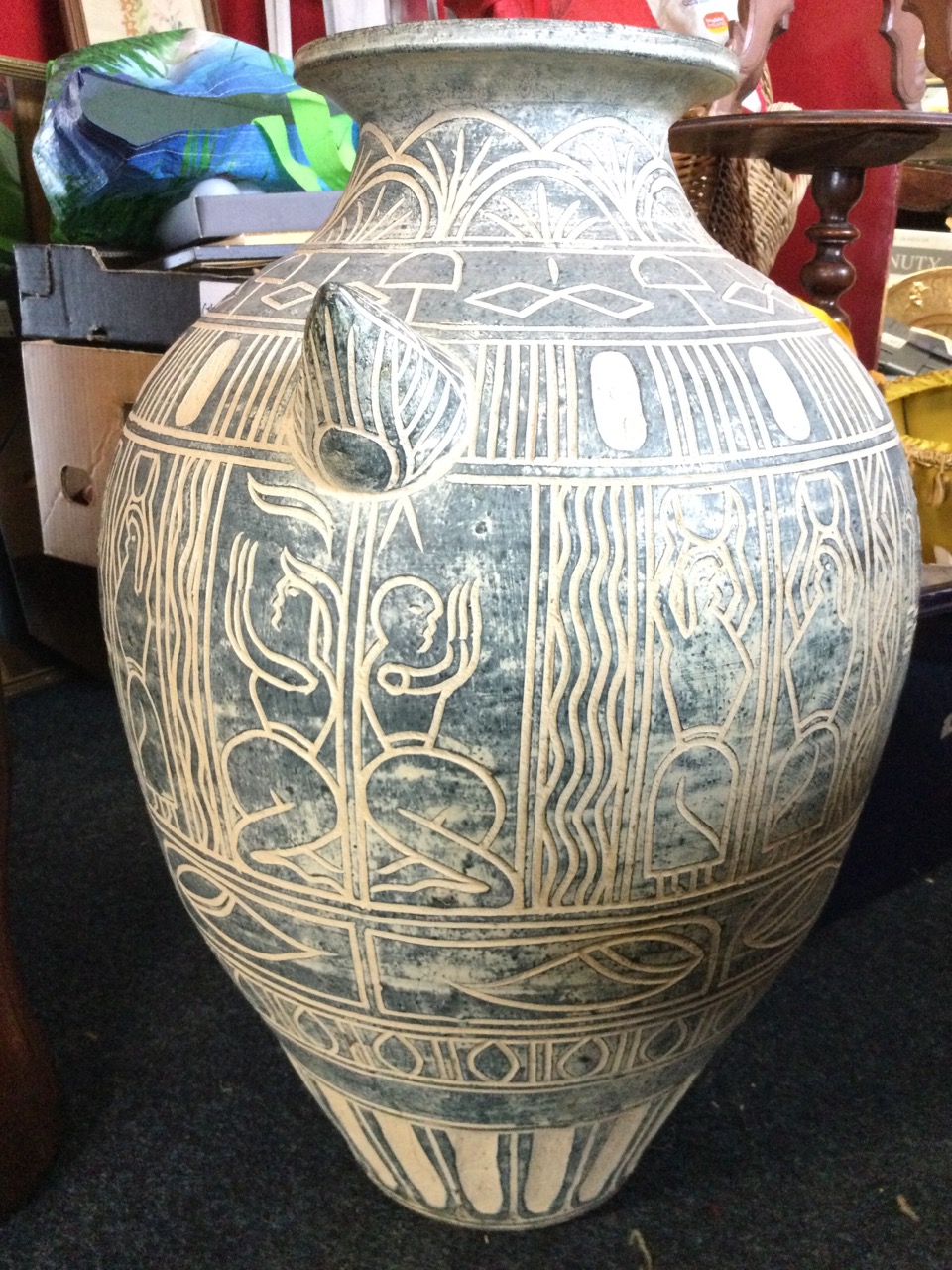 A large Mexican terracotta vase with incised sgraffito decoration, having stylised figural frieze - Image 2 of 3