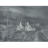 Peter Heinzel, monochrome etching, fishermens cottages with hanging nets, signed, numbered and