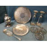 Miscellaneous silver plate including two circular engraved salvers, an egg boiler with eagle finial,