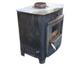 A bowfronted cast iron solid fuel wood burning stove by Ecoboiler, with glazed door enclosing