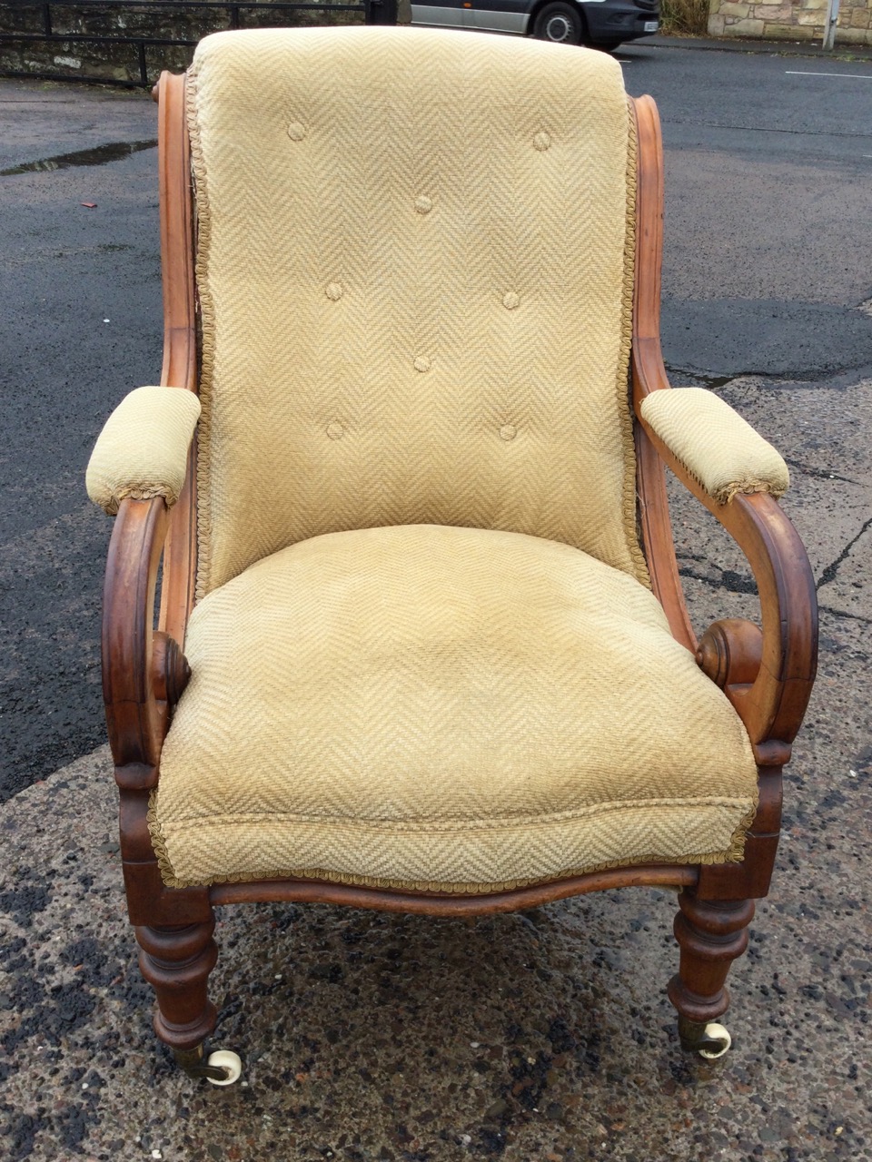 A Victorian mahogany armchair with button upholstered back in moulded frame, the arms with padded - Image 2 of 3