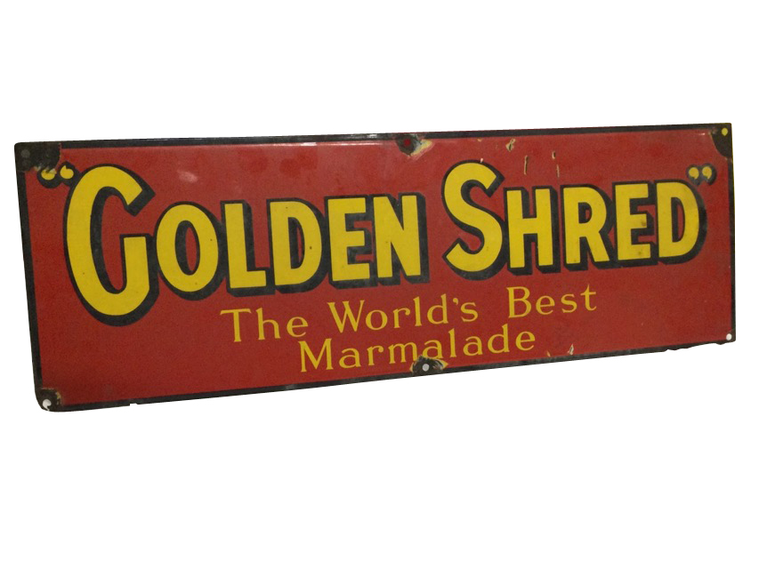 A rectangular C20th enamelled sign - Golden Shred, the Worlds Best Marmalade. (30in x 10in)
