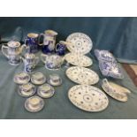 A collection of blue & white ceramics including Staffordshire, old Chelsea, jugs, a coffee set, etc.