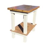 A painted kitchen butchers block type table, the thick rectangular platform on square chunky