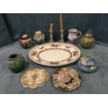 Miscellaneous ceramics including an early Masons plate, Quimper, a Crown Devon teapot stand, a Grays