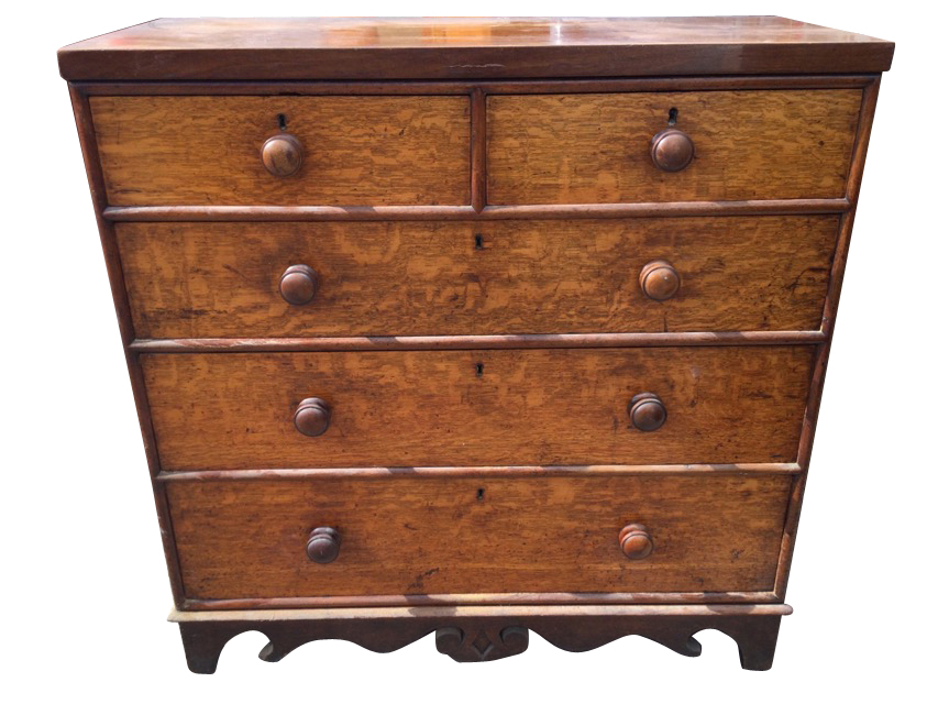 A nineteenth century oak chest of drawers with two short and three long graduated drawers mounted