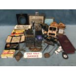 Miscellaneous items including binoculars, a pair of yew bowls, stereoscopic viewing cards, a