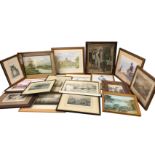 A box of framed prints - Victorian Pears type, photographs, a nineteenth century French engraving,