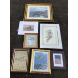 Seven miscellaneous framed prints - landscapes, Monet, contemporary, a sampler print, animals,